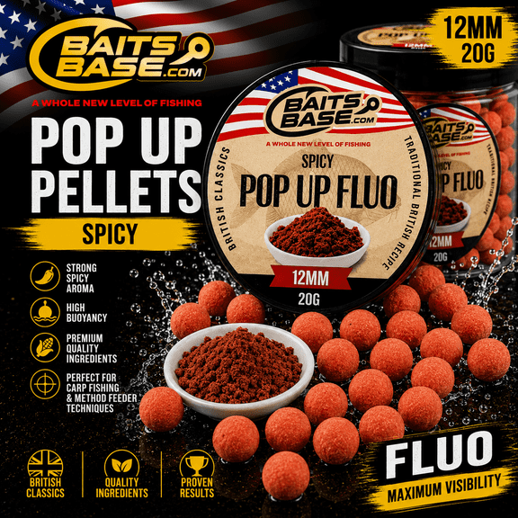 BaitsBase Spicy Fluo Pop Up Pellets 12mm 20g  Highly Buoyant Carp Fishing Hookbait for Method Feeder, Hair Rigs and Freshwater Fishing