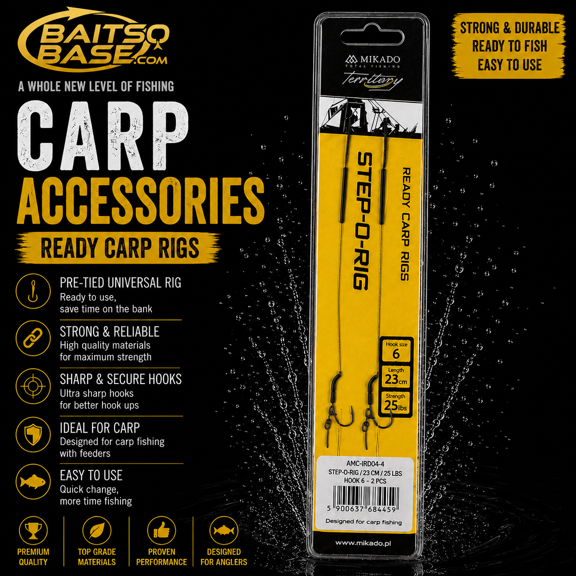 BaitsBase Step-O-Rig Ready Carp Rig Pre-Tied Carp Fishing Hook Rig, 23cm, 25lb, Hook Size 6 (2 Pack)
