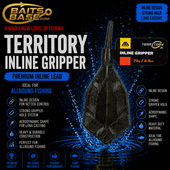 BaitsBase Territory Inline Gripper Lead 70g (2.5oz)  Premium Carp Fishing Inline Weight for Long Distance Casting, Strong Bottom Grip, Durable Heavy Duty Lead Sinker