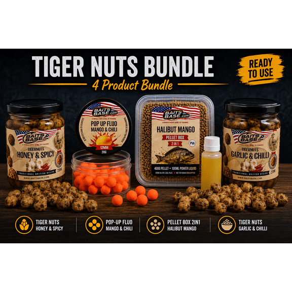 BaitsBase Tiger Nuts Fishing Bundle 4 Piece Carp Bait Set with Honey & Spicy & Garlic & Chilli Tiger Nuts, Mango Pop Ups & Halibut Pellet Box