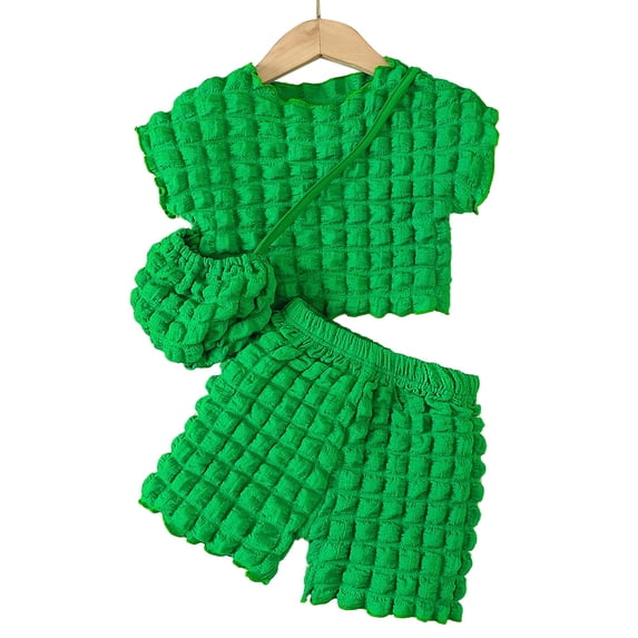 Baiways 2 PCS Girls Trendy Outfits, Young Girls' Lovely Popcorn Textured Short Sleeve Crew Neck Top + Shorts With Bag Set For Summer Clothes Gift