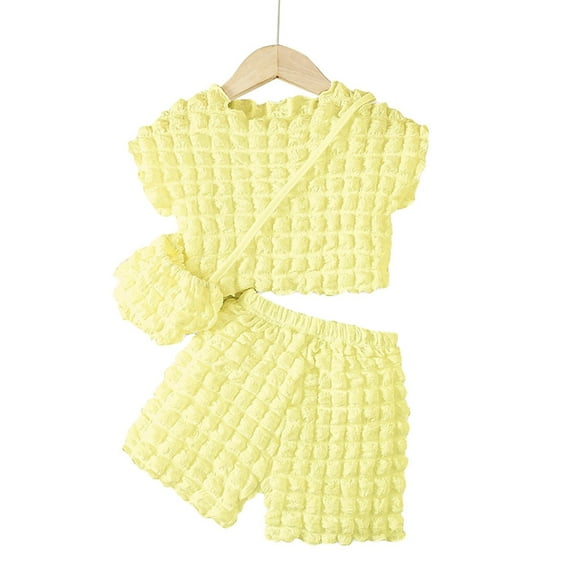 Baiways 2 PCS Girls Trendy Outfits, Young Girls' Lovely Popcorn Textured Short Sleeve Crew Neck Top + Shorts With Bag Set For Summer Clothes Gift