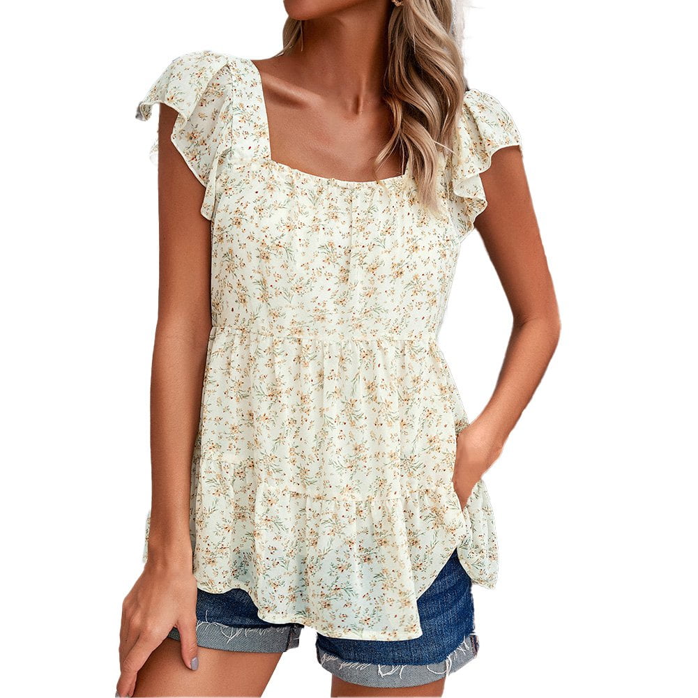 Women's Summer Tank Top - Loose Fit Square Neck Sleeveless Top With Pleats & Curved Hem - View #12