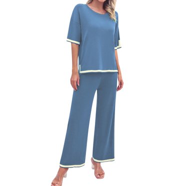 Round Neck Short Sleeve Top and Elastic Waist Pants Set
