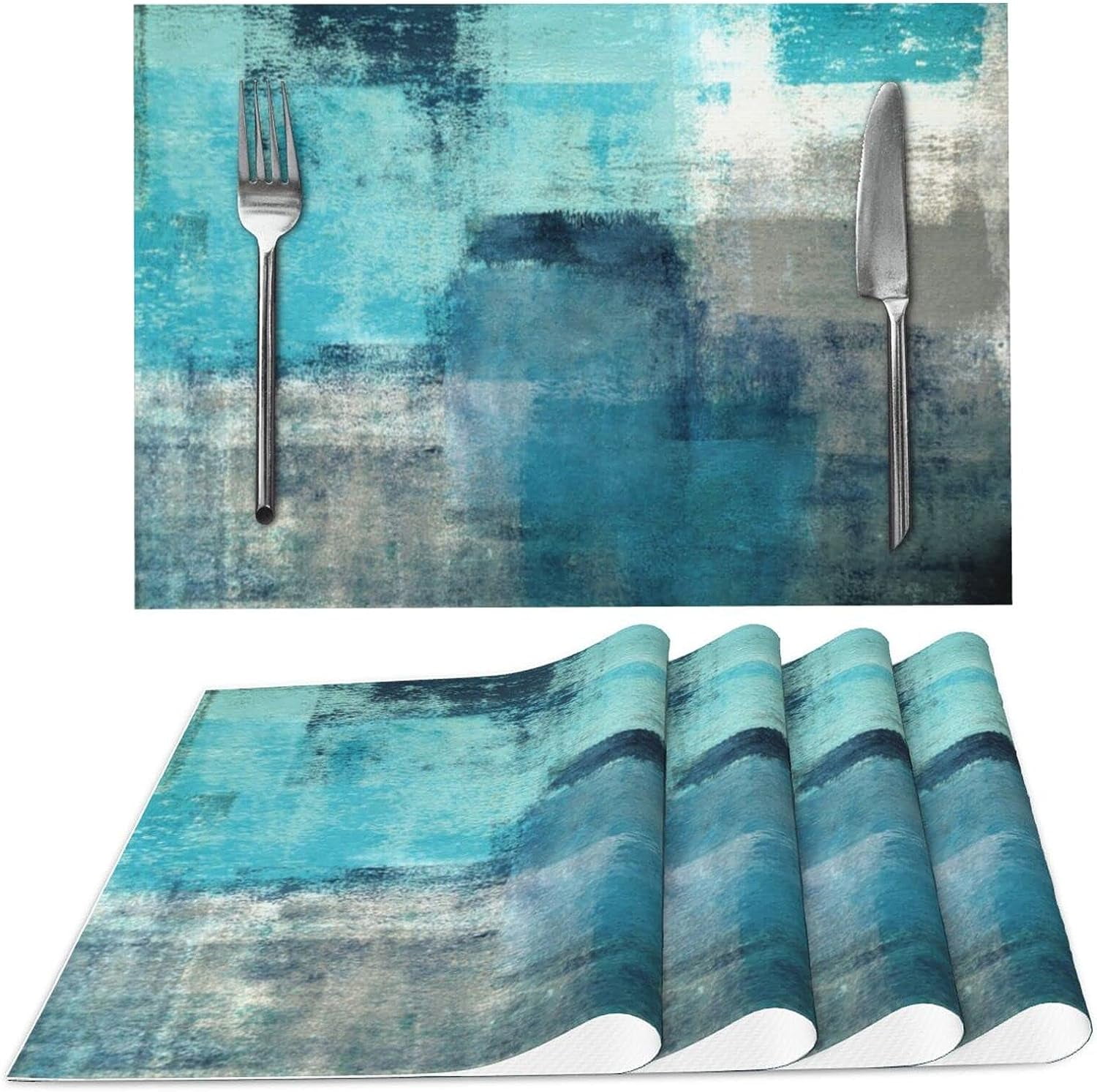 Baiyi Turquoise and Gray Abstract Art Painting Placemats Set of 4 for