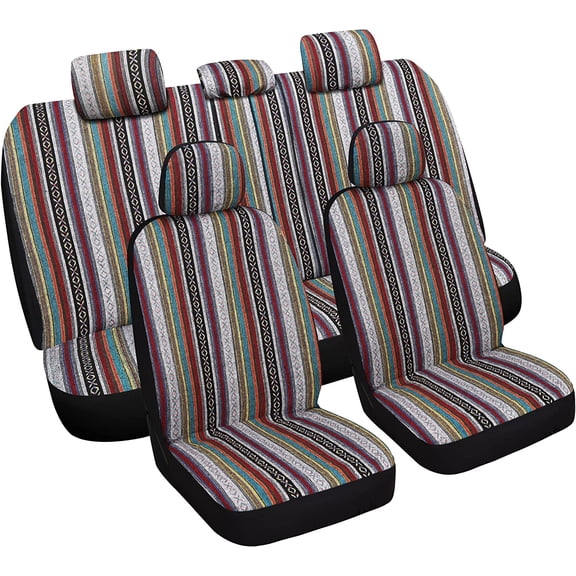 Baja Saddle Blanket Seat Covers Full Set, Front Seat Covers and Split Rear Bench Seat Covers for Sedan, SUV, Truck, Universal Stripe Woven Automotive Seat Cover,Breathable, Airbag Compatible
