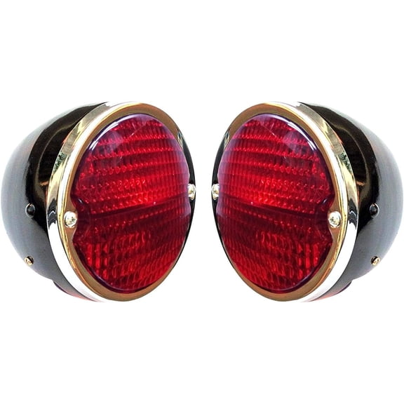 Bajato Pair of Rear Lights | Black Body | Chrome Ring | Red/Lens I for Jeep Willys | John Deere & Massey Ferguson Tractors