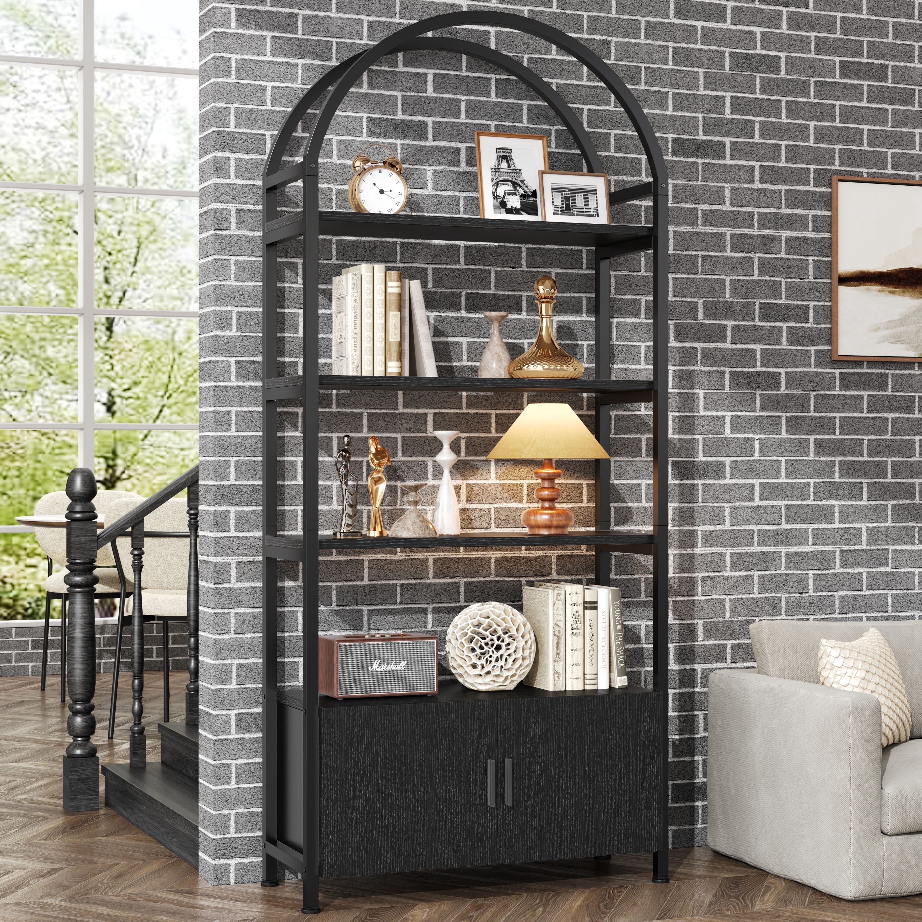 ModFurne Arched Bookcase with Doors,71" Tall Arched Bookshelf, 4-Shelf Open Display Bookshelf, Freestanding Storage Unit for Living Room/Office, Black