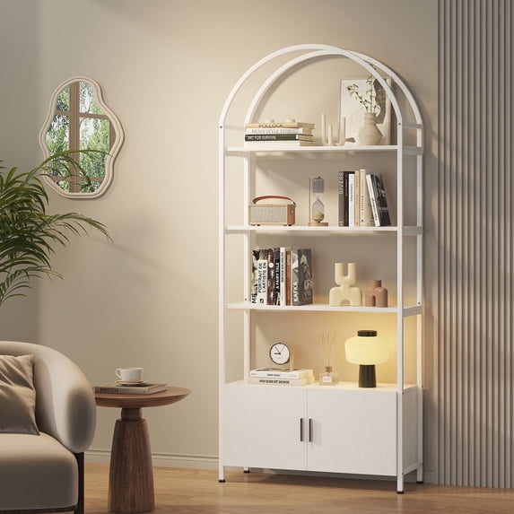 ModFurne Arched Bookcase with Doors,71" Tall Arched Bookshelf, 4-Shelf Open Display Bookshelf, Freestanding Storage Unit for Living Room/Office, White