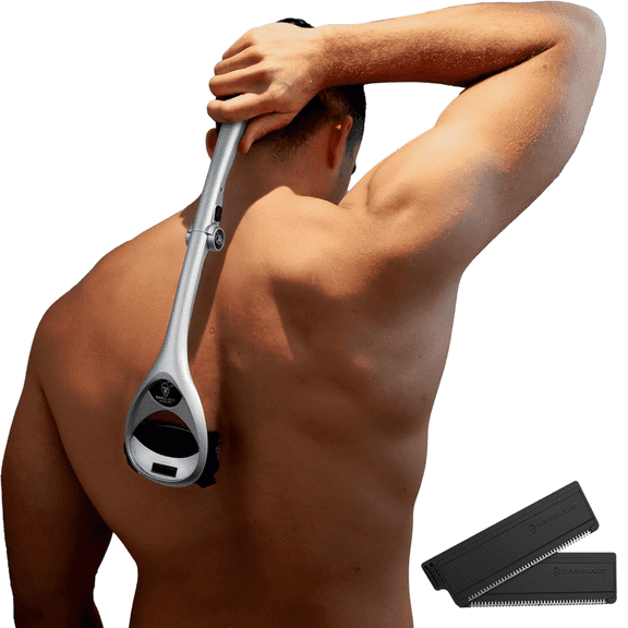BakBlade 2.0 Mens Back Shaver with 2 Blade Refills, Ergonomic Razor, Wet or Dry, Silver