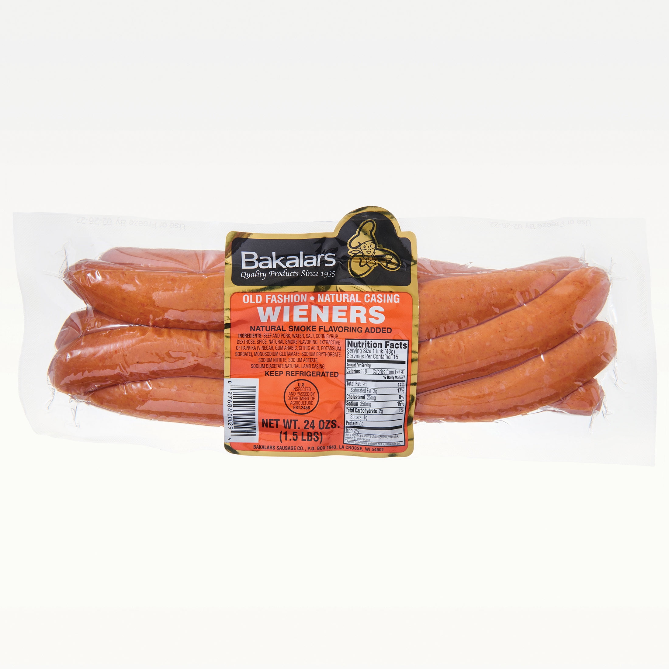 Bakalars Sausage 24oz Natural Casing Hot Dogs 15 Count Container is