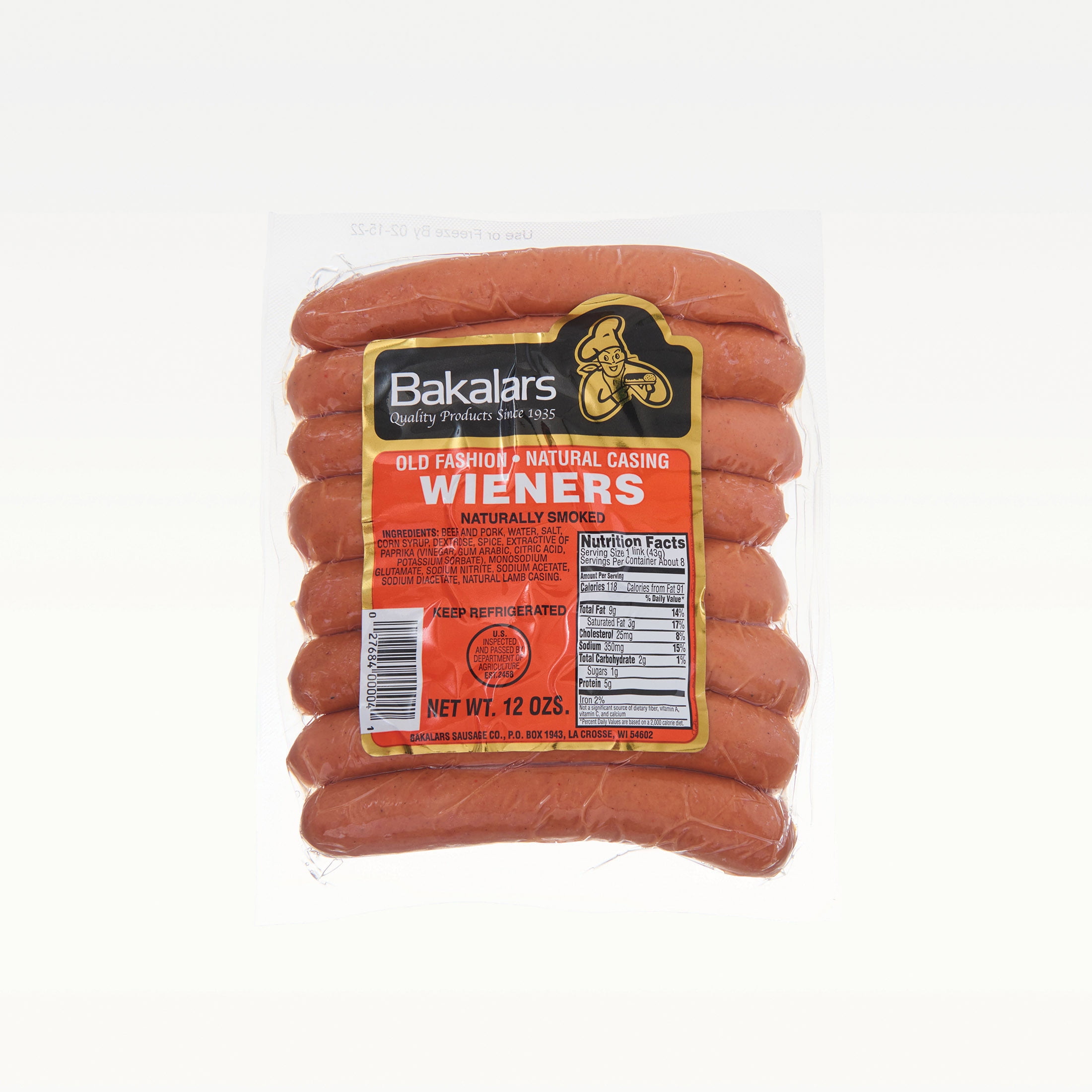 Bakalars Sausage Old Fashion Natural Casing Hot Dogs, 12 oz 8 Count