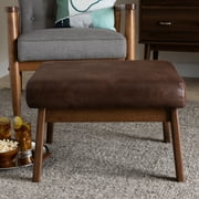 Bakari Mid-Century Modern Walnut Wood Dark Brown Distressed Faux Leather Ottoman by Bellamy Studios
