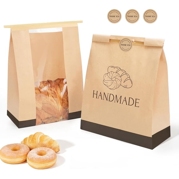 Bake Choice 100Pcs Paper Bread Bags for Homemade Bread, 14 x 8.3 x 3.5 Inch Sourdough Bags with Tin Tie Tab Lock, Large Bread Storage Bags, Includes 126 Cute Seal Stickers