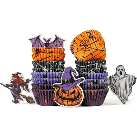 Bake Choice Halloween Mini Cupcake Liners 400Count(Pack of 2) With Toppers (12 pcs) - Decorations for Baking,Mini Size Cupcake Liners for Baking, Halloween Baking Supplies,Decorations for Baking