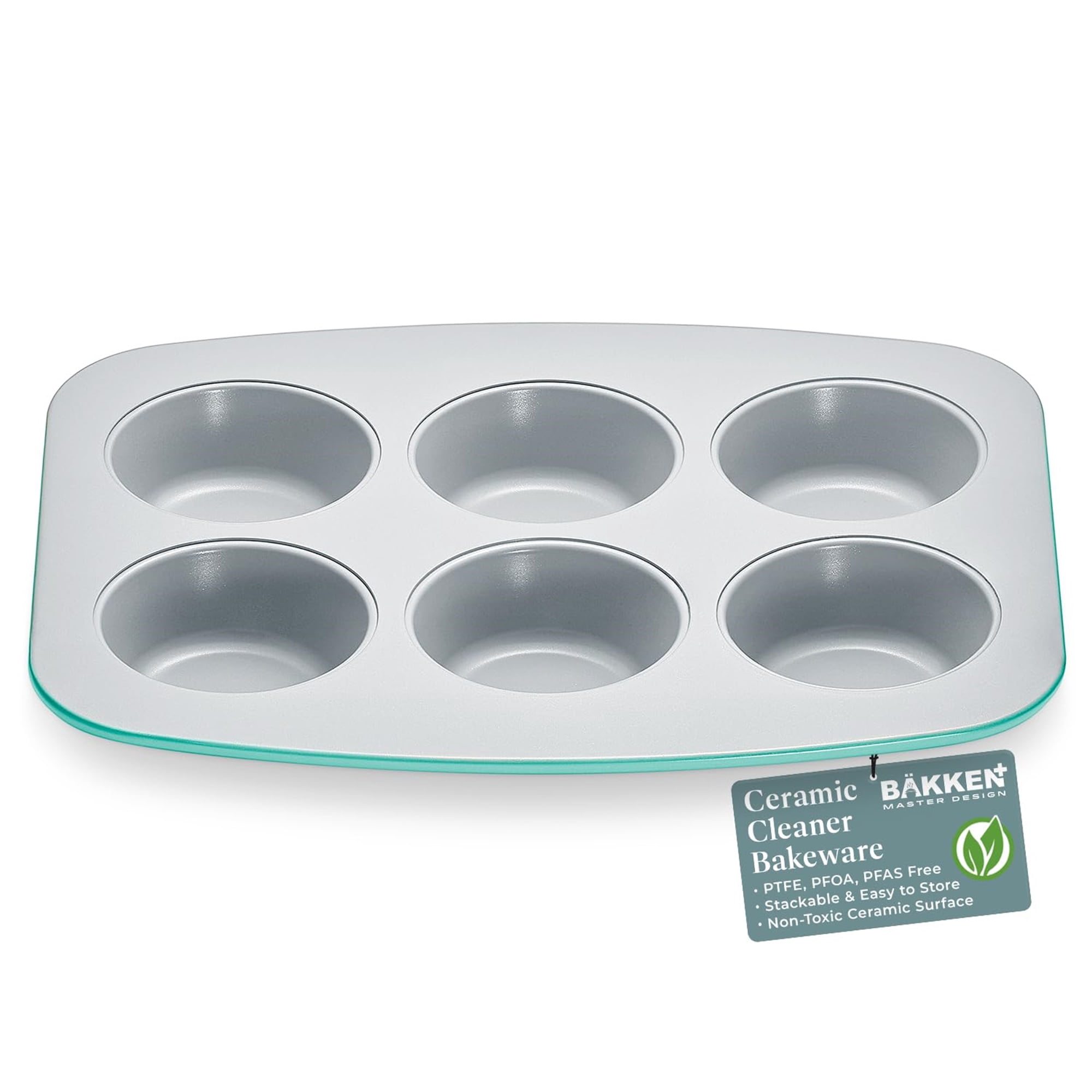 Bakken 6-Cup Cake and Muffin Pan, Aluminized Steel with Ceramic Non-Stick Coating, Non-Toxic, Heavy-Duty Bakeware, Even Heat Distribution, 10.8 x 8.8 Inches - Teal