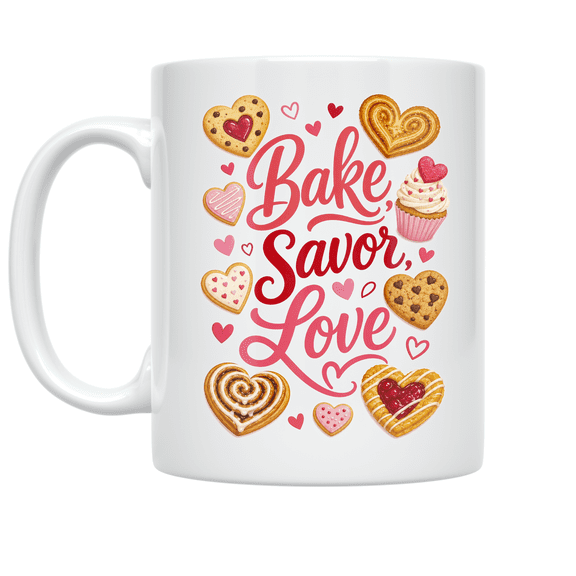 Bake Savor Love Heart Shaped Design - Baking Enthusiast - 11 oz Ceramic Coffee Mug