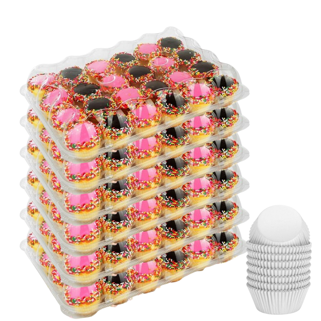 Bake Swirl 24 Count Standard Cupcake Carrier Containers x 6 Sets w/ 144 Liners Plastic Disposable Boxes Holder Detachable Tall Dome Lid Box - 6 Pack