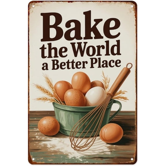 Bake The World A Better Place Metal Wall Sign, Kindness and Love Motif Aluminum Tin Poster for Kitchen Bar Bedroom Bathroom, 8 x 12 Inches