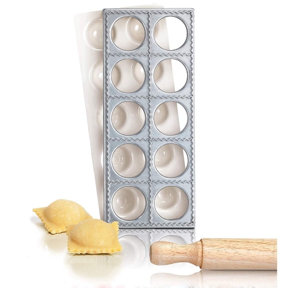 BakeDeco Ravioli Maker for 10 Squares 2-1/2-Inch Each, with Non-Stick-Coated Metal Cutting Tray and Wooden Rolling Pin