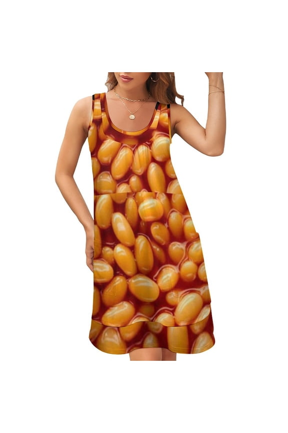 Baked Beans Sleeveless U-Neck Fake Two Piece Dress women evening dress Women's summer dress Beachwear