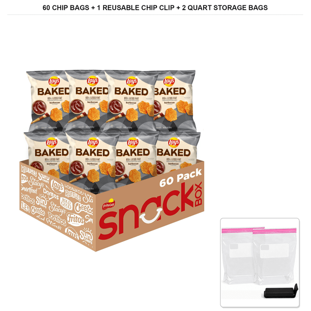 Baked, Lays Barbecue Potato Crisps, 60 Bags x 0.875 oz + 1x Reusable ...