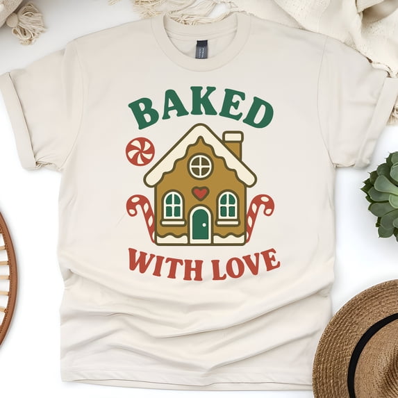 Baked With Love Gingerbread House Graphic Tee Unisex Shirt, Natural, Size XL