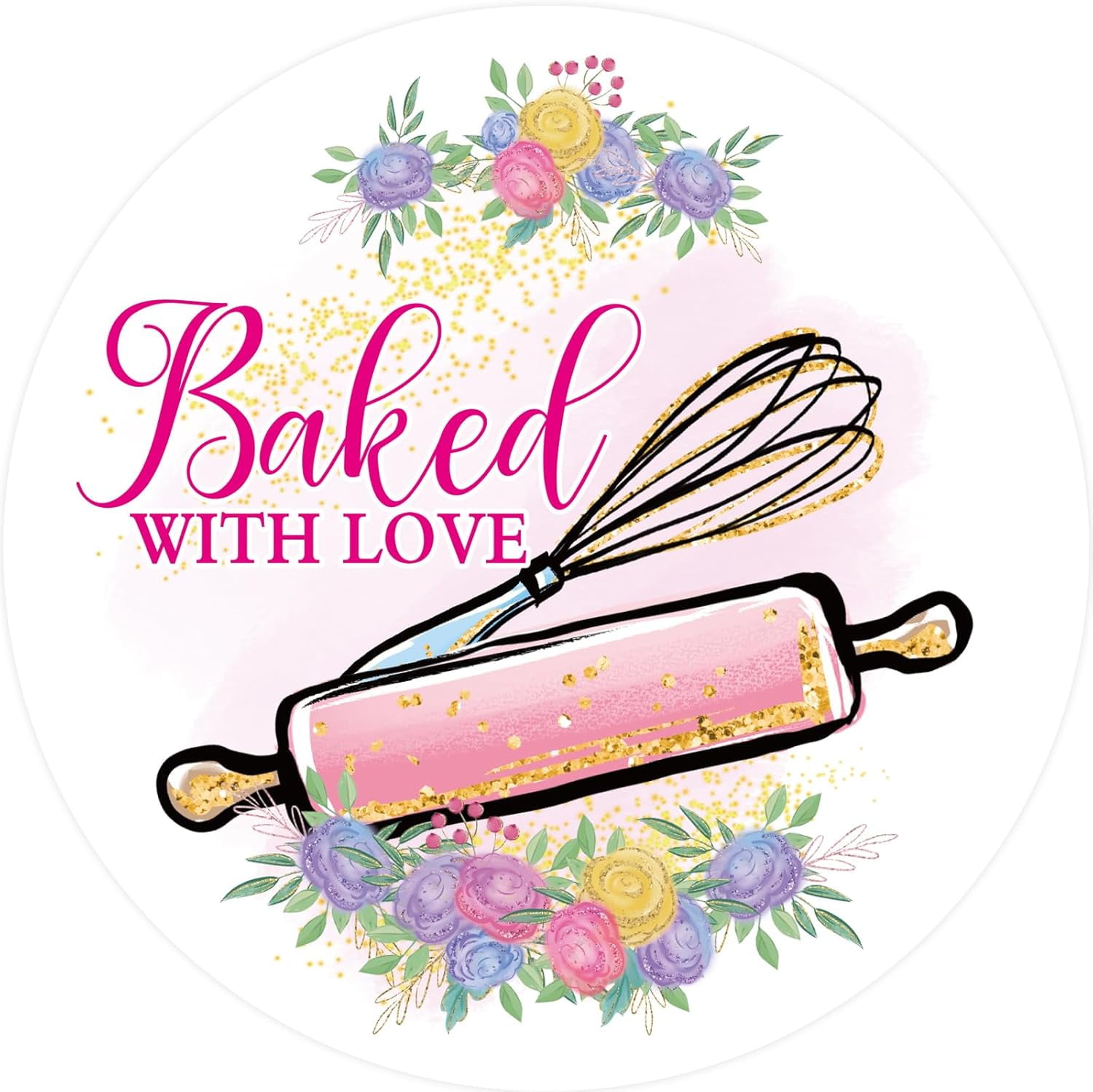 Baked with Love Stickers Floral Homemade Stickers for Packing and Wrapping Labels Business Birthday Wedding Party Supplies