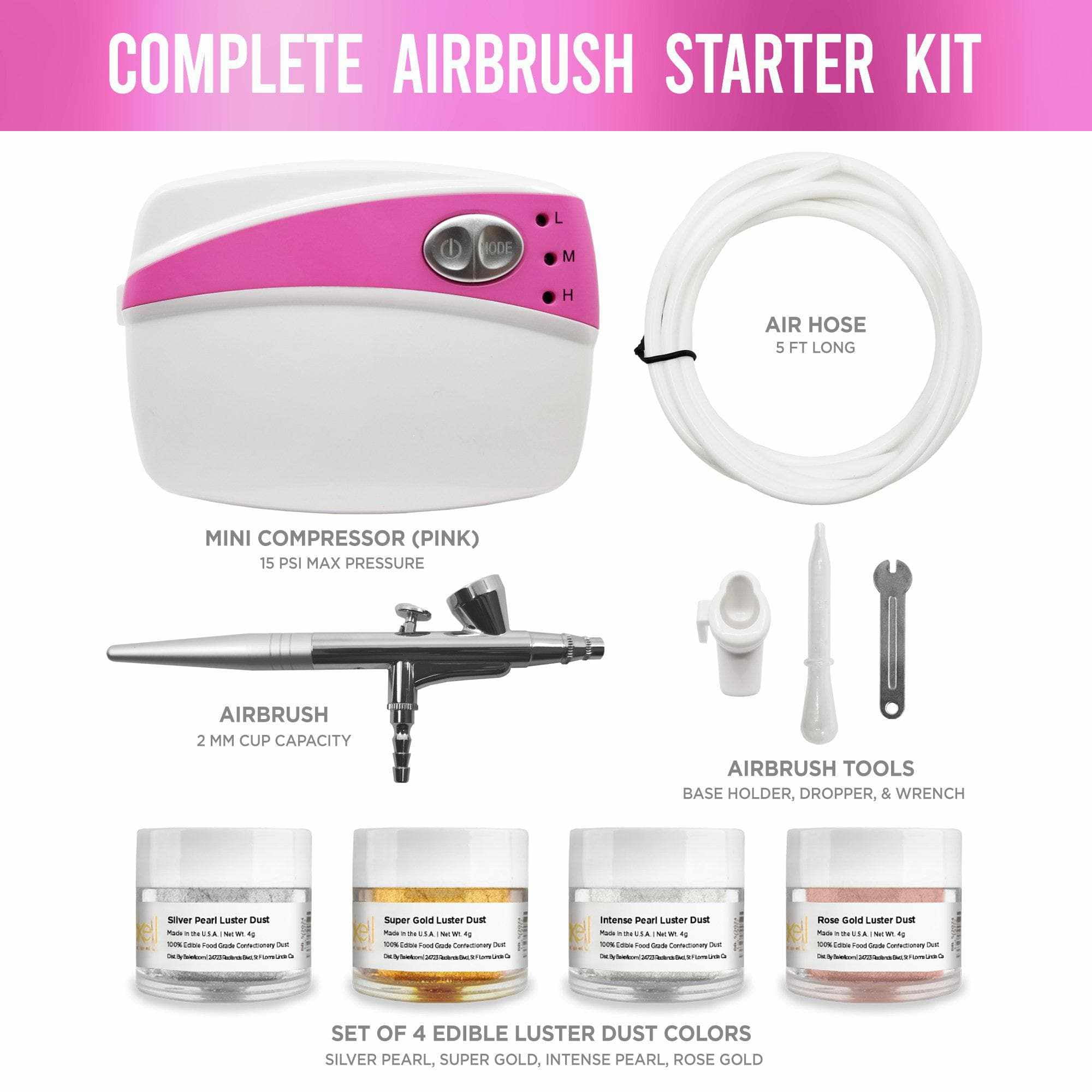 Bakell - Professional Series Airbrush Gun Kit (PINK Edition) Including Four, 4g Jars of Luster Dust for Cake Decorating, Art and Crafting!