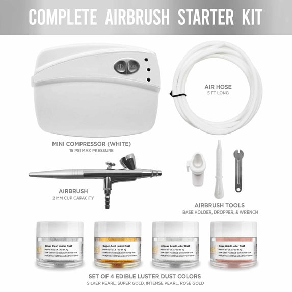 Bakell - Professional Series Airbrush Gun Kit (White Edition) Including Four, 4g Jars of Luster Dust for Cake Decorating, Art and Crafting!