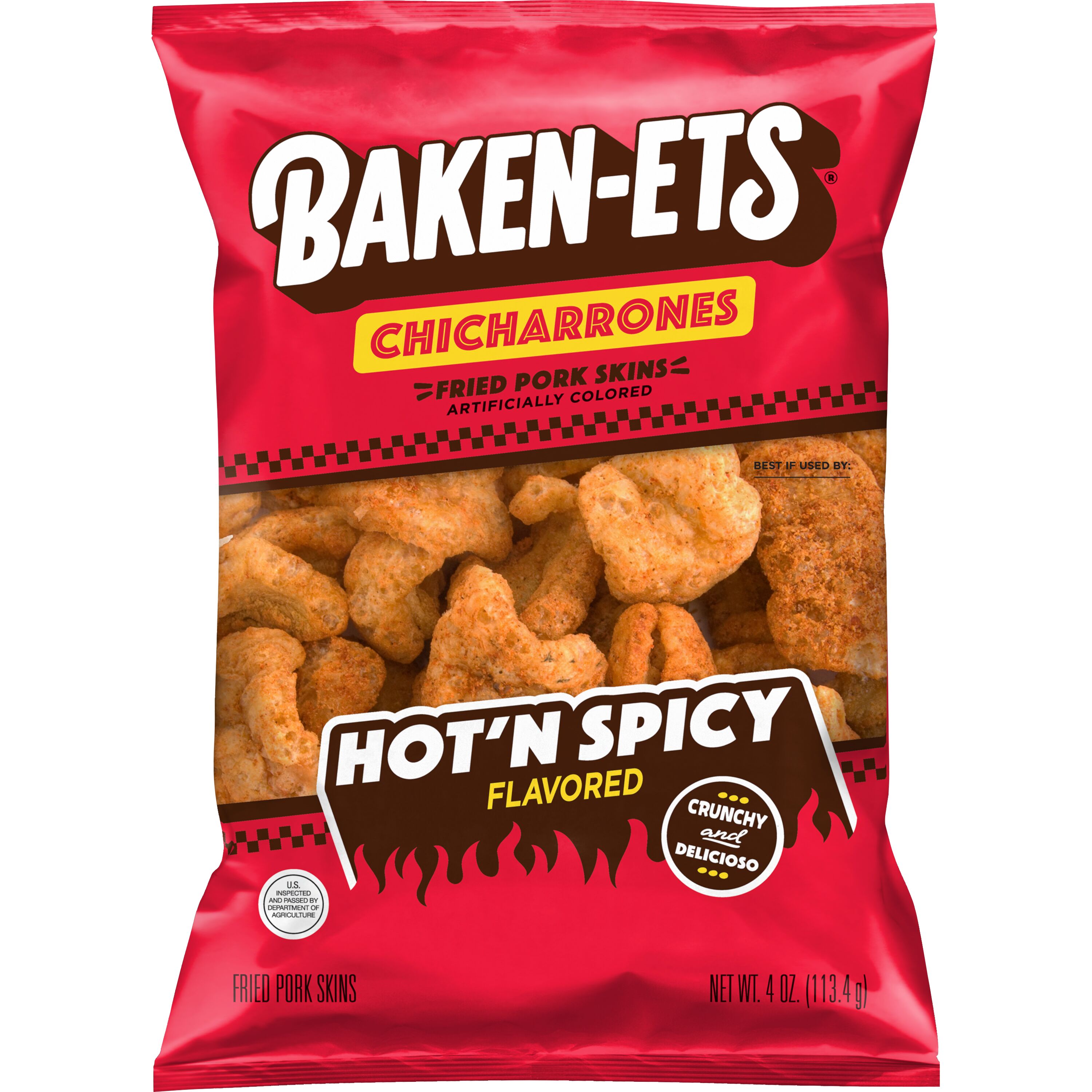 Baken-Ets Hot & Spicy Fried Pork Skins - 4 Oz Bags (Pack Of 6) Gluten Free Snack