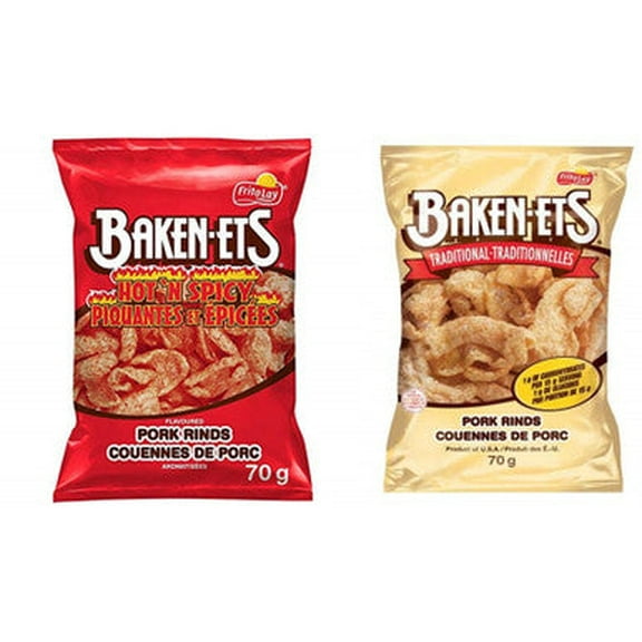 Baken-ets Variety Pack, Traditional Bacon & Hot Spicy Flavours, (Pack of 2) 70g/2.5 oz., Bags