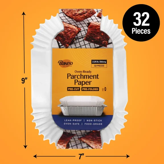 Bakeo Oven-Ready Parchment Paper, Pre-Cut Baking Liners, 9" X 7", 2.25lb. Oblong, 32 Pack