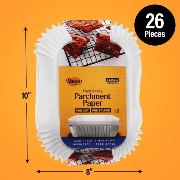 Bakeo Oven-Ready Parchment Paper, Pre-Cut Baking Liners, 10" X 8", 5lb. Oblong, 26 Pack