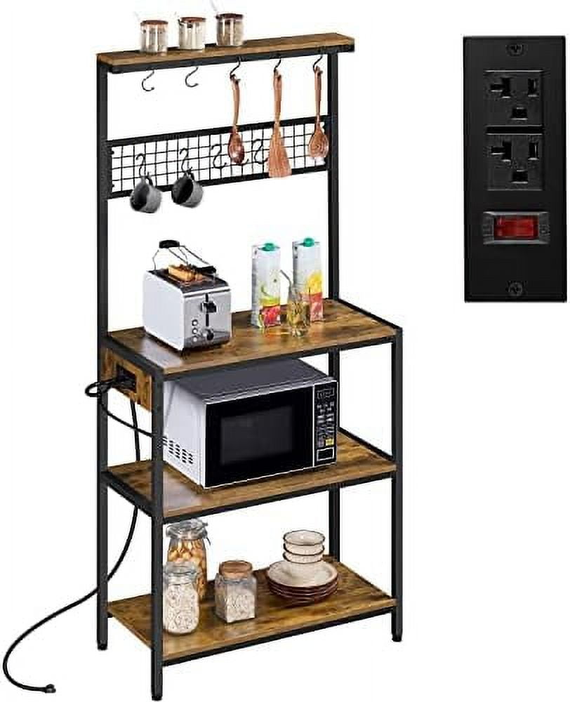 Bakers Rack With Power Outlet, Coffee Bar With Wire Drawer, Microwave