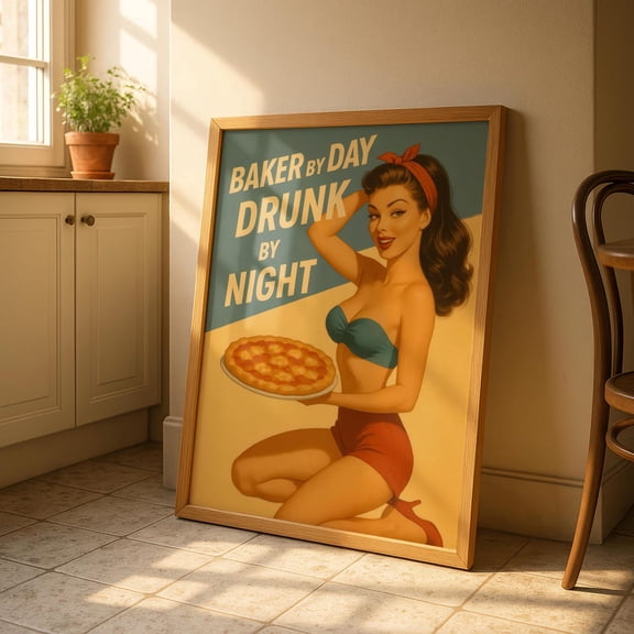 Baker By Day Kitchen Poster Retro Pin Up Baking Art