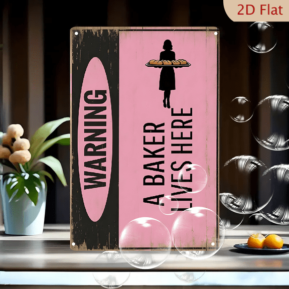 A Baker Lives Here Vintage Warning Sign 8x12 Inches Metal Wall Art, Rustic Kitchen Decor with Silhouette Woman Holding Bread Rolls, Retro Distressed Wood Look for Bakery or Home