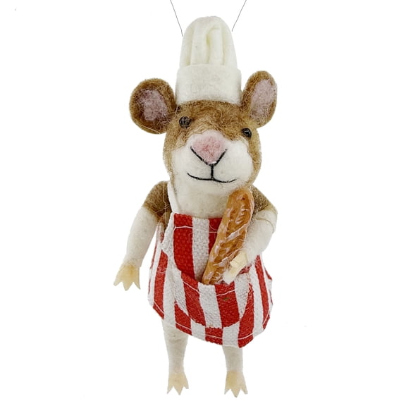 Baker Mouse Ornament - Wool White Chef Mouse Holding a Baguette Christmas Tree Holiday Decoration