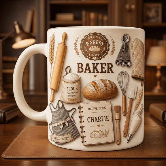 Baker Mug 3D Effect Custom Name Recipe Book Design, Warm Cream White Gift for Bakers