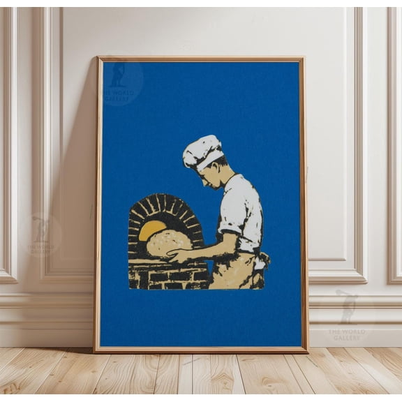 Baker Oven Scene Blue Background Linocut Style Paper Poster Decor, Unframed Poster