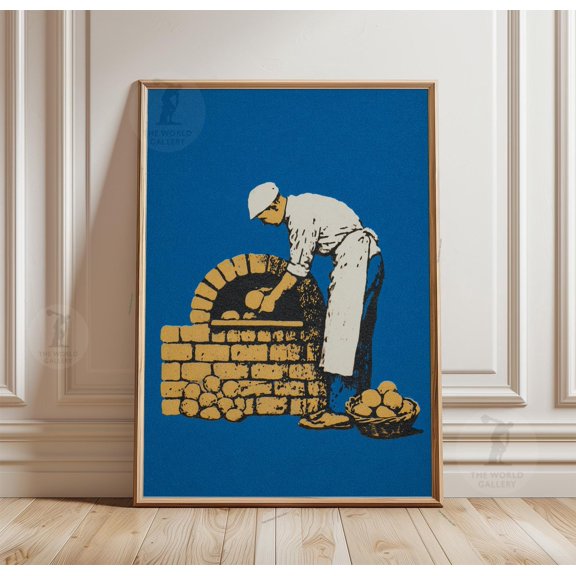 Baker Oven Scene, Blue Background Linocut Style Paper Poster, Poster Only