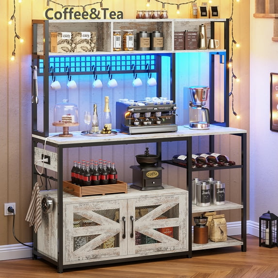 Baker Rack with 8 Open Shelves and Hutch for Kitchen, Multifunctional Microwave Stand with Charging Station and LED Lights, Coffee Bar with Spacious Desktop and 8-S Hooks, White