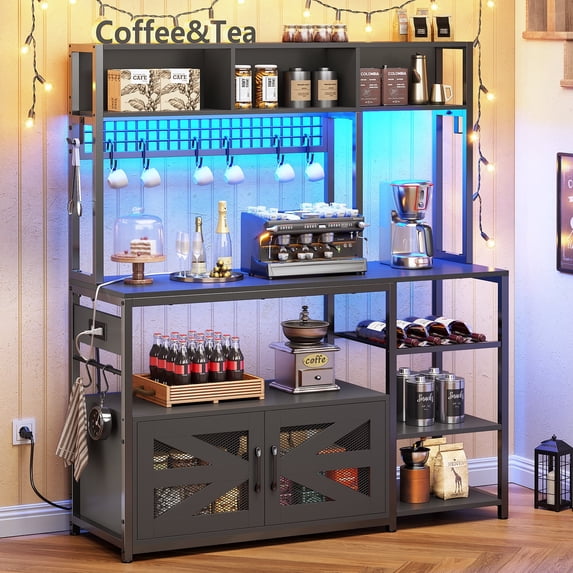 Baker Rack with Charging Station and LED Lights, Multifunctional Microwave Stand with 8 Open Shelves and Hutch, Coffee Bar with Spacious Desktop and 8-S Hooks for Kitchen, Black