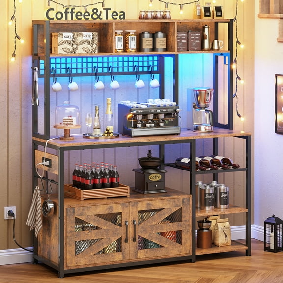 Baker Rack for Kitchen with Charging Station and LED Lights, Multifunctional Microwave Stand with 8 Open Shelves and Hutch, Coffee Bar with Spacious Desktop and 8-S Hooks, Rustic Brown