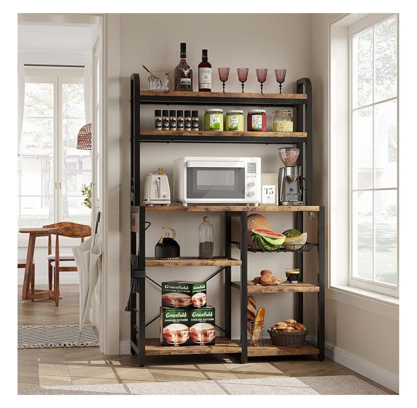 Baker Rack with Power Outlet, Kitchen Microwave Stand with Storage ...
