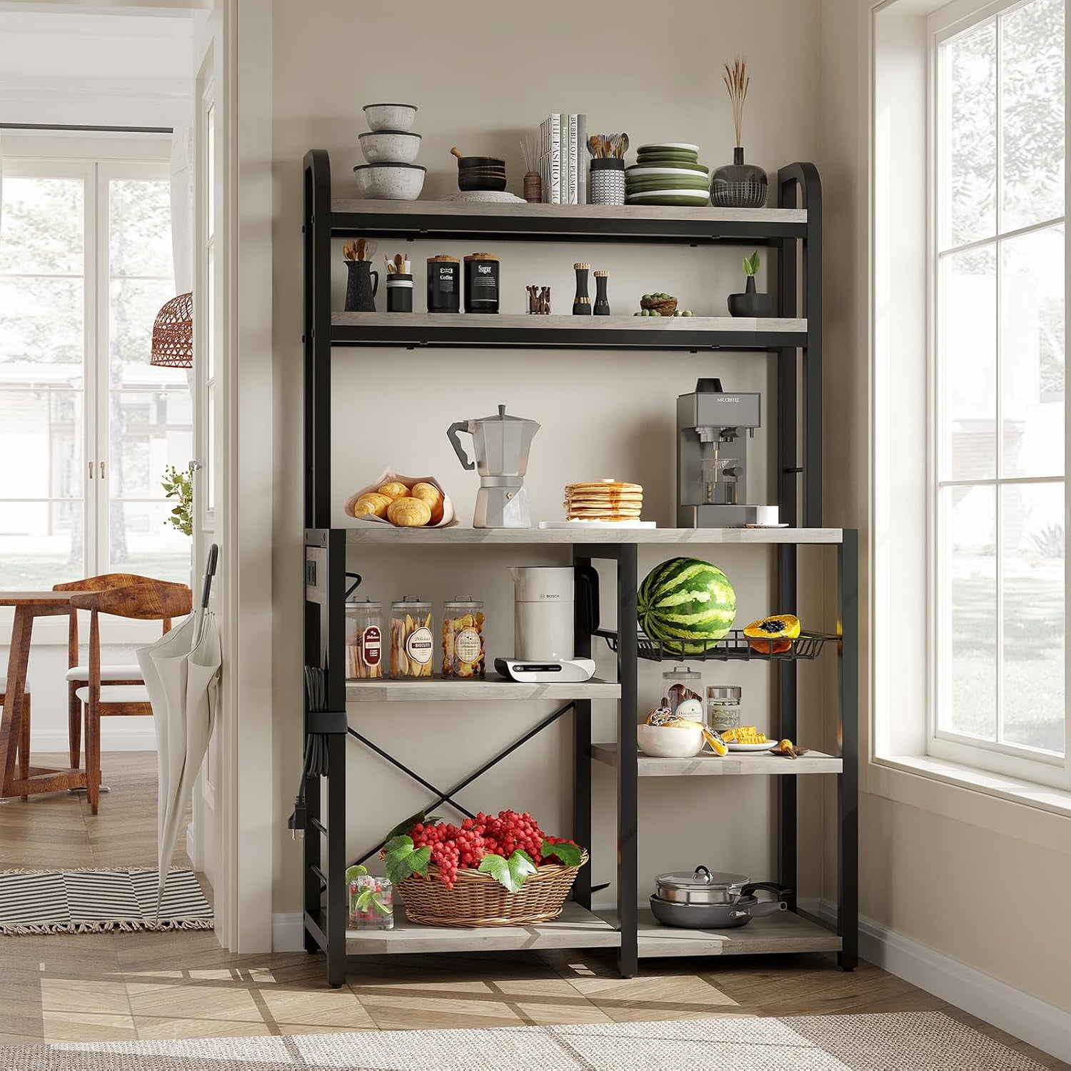 Baker Rack with Power Outlet, Kitchen Microwave Stand with Storage ...