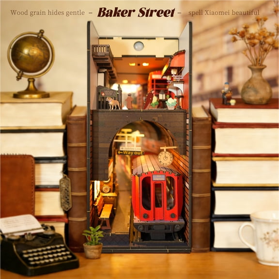 Baker Street 3D Wooden Puzzle Book Nook DIY Kit London Street Scene with Motion Sensor Light 295 Pieces Miniature Street Model Bookshelf Decor for Adults Creative Gift Idea