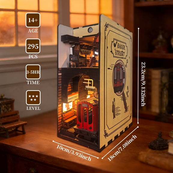 Baker Street 3D Wooden Puzzle Book Nook DIY Kit London Street Scene with Motion Sensor Light 295 Pieces Miniature Street Model Bookshelf Decor for Adults Creative Gift Idea