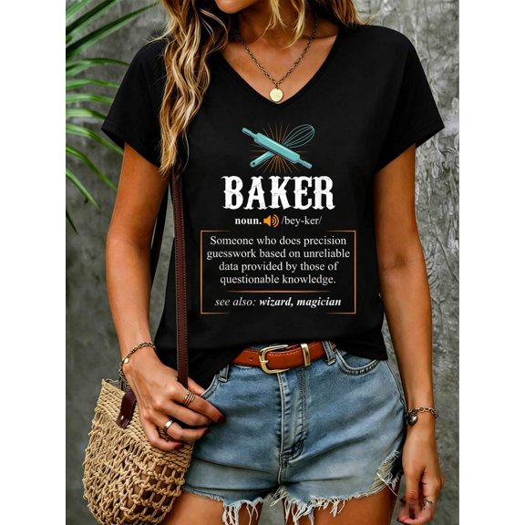 Baker T Shirts Definition I Funny Baking Tshirts V Neck T-Shirt Cotton Women's V Neck Graphic Tee, Casual Short Sleeve Shirt,Vacation Outfit