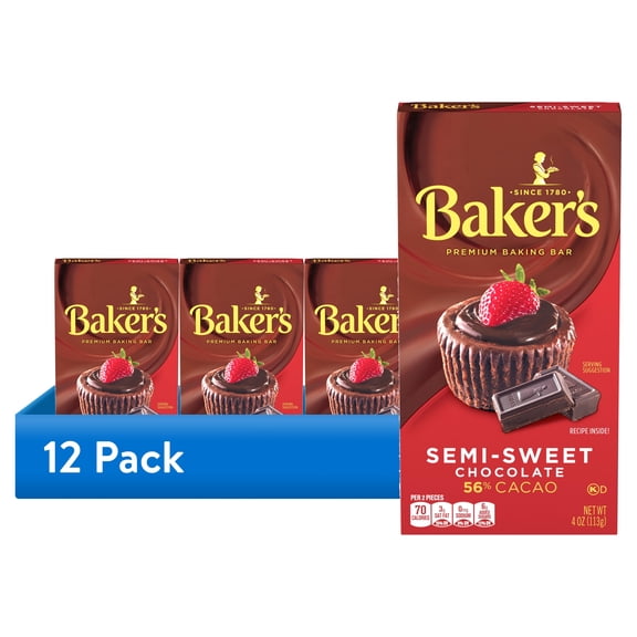 (12 pack) Baker's Semi-Sweet Chocolate Premium Baking Bar with 56% Cacao, 4 oz Box